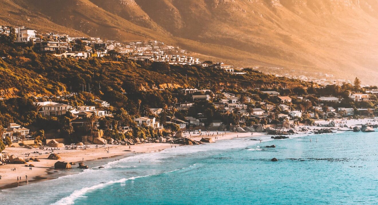 Beach and mountains at sunset