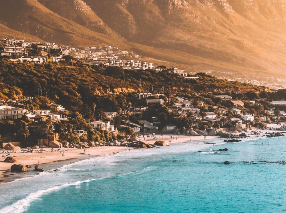 Beach and mountains at sunset