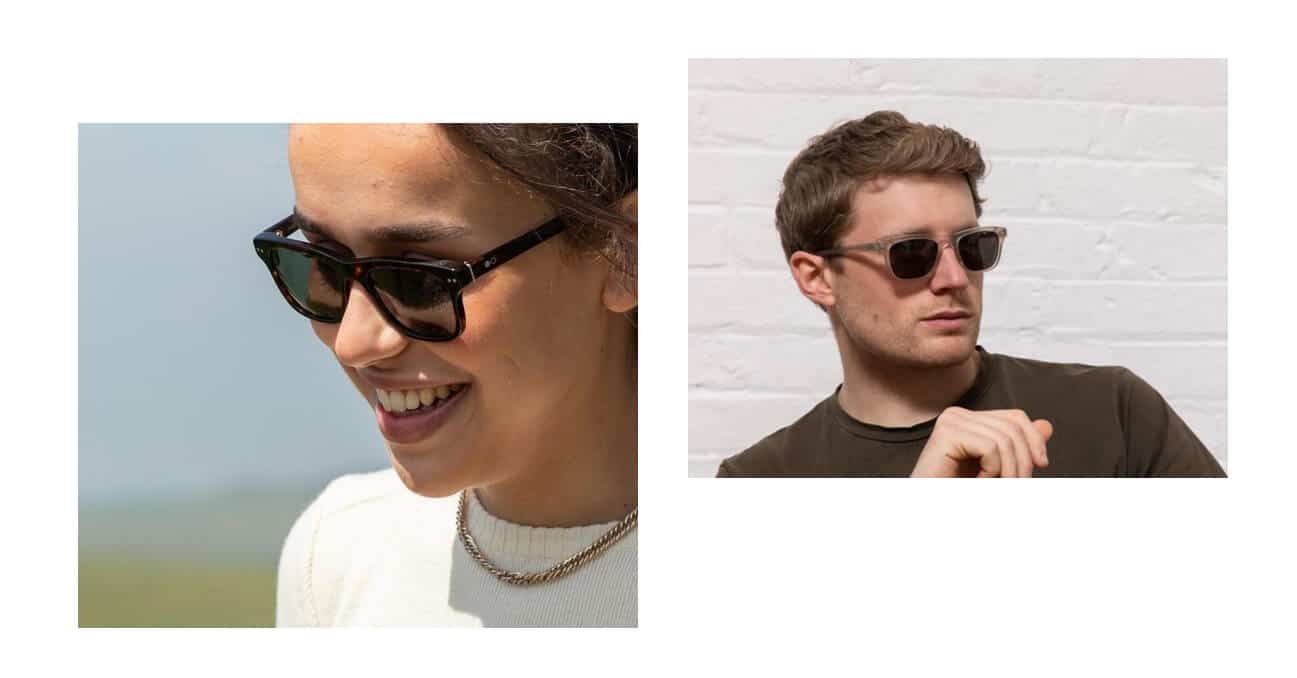 man and woman wearing eco friendly sunglasses