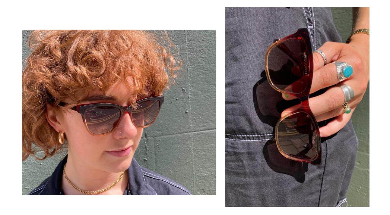 woman wearing eco friendly red cat eye sunglasses