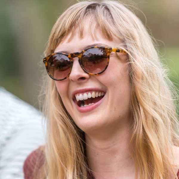Asha Sunflower - Archive Sale 4 woman wearing tortoiseshell round eco friendly sunglasses