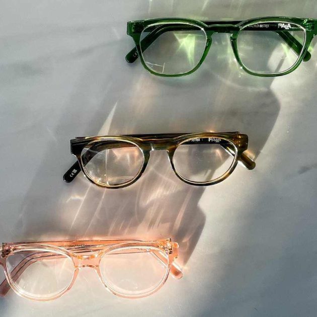 Bio-acetate glasses in green, tortoiseshell and pink.