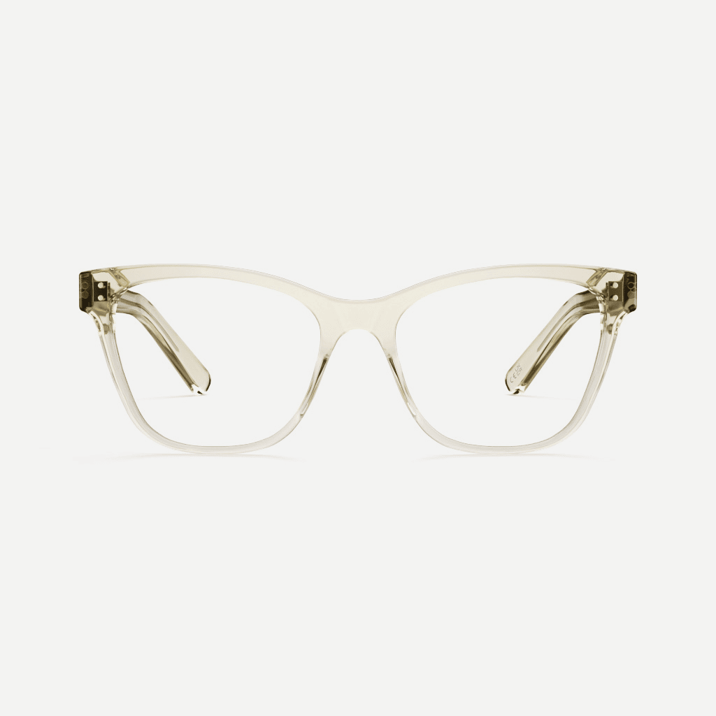 Anansa Almond - Front Sustainable clear almond coloured cat eye glasses handmade from bio-acetate in Italy.