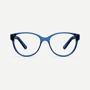 Colourful glasses made from sustainable bio-acetate. Oversized and feminine with a sweeping brow line in lapis blue.