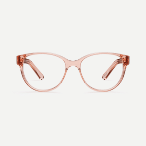 Sustainable pink glasses made from bio-acetate. Oversized and feminine with a sweeping brow line, available with prescription or blue light lenses.