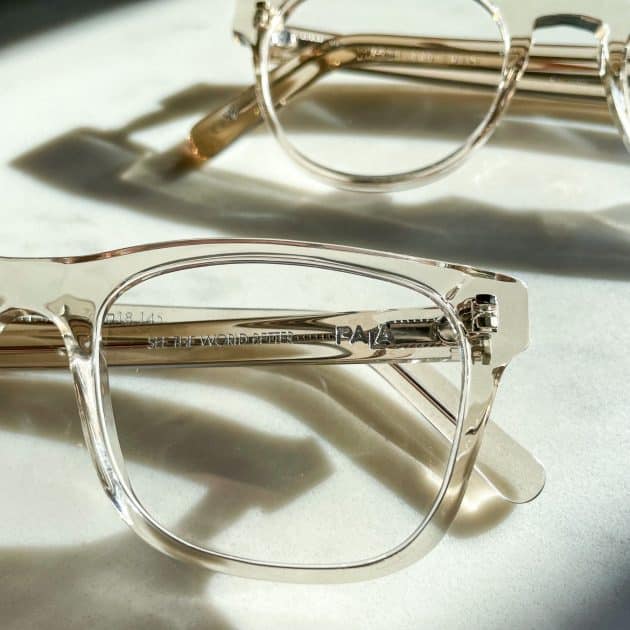Translucent crystal glasses in both square and round shapes. The Pala logo is visible on the inner arm of the optical frame.