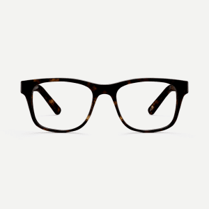 Sustainable square prescription glasses in havana brown tortoiseshell. Available with blue light blocking lenses.