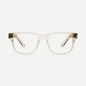 Sustainable square prescription glasses in transparent bio-acetate design. Available with blue light blocking lenses.