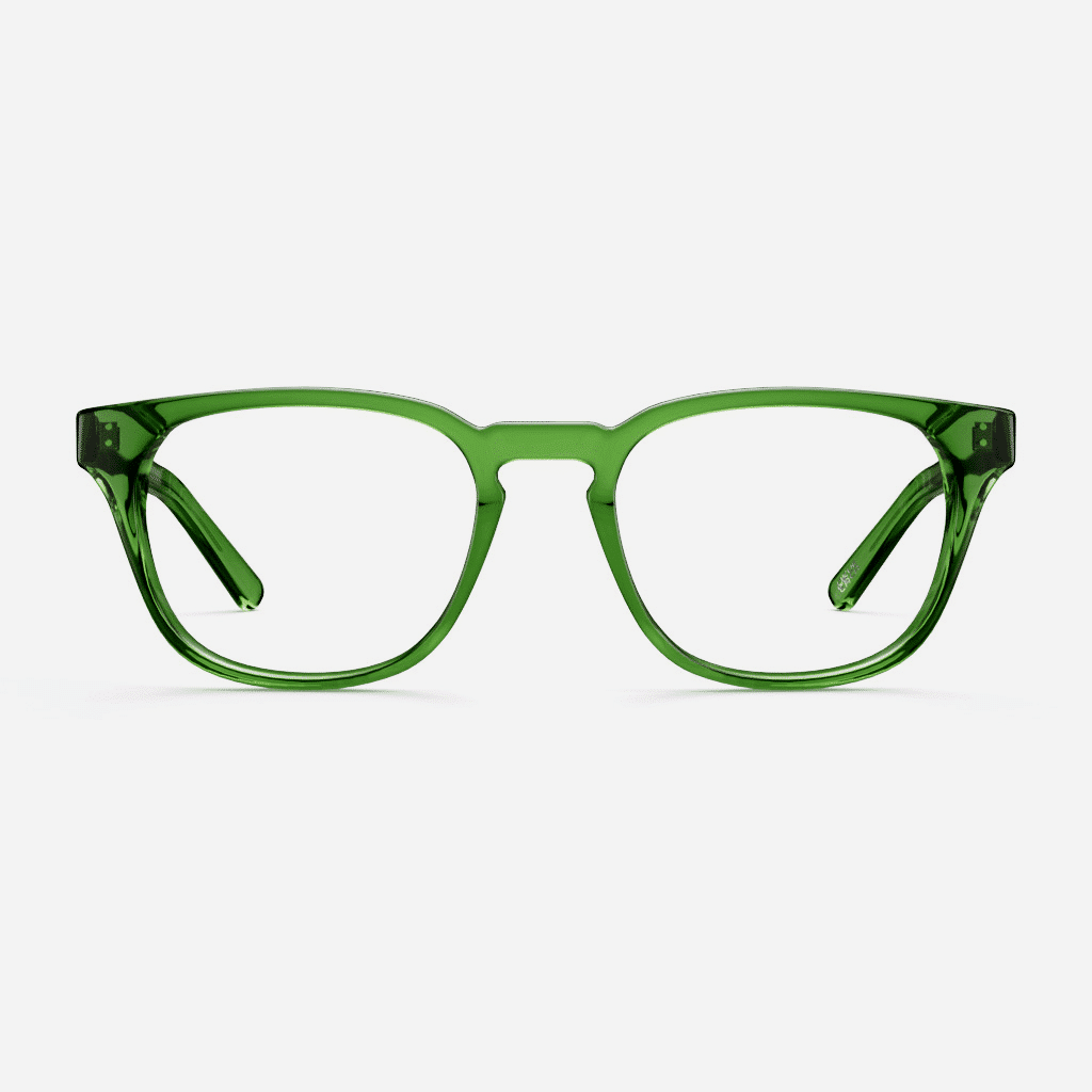 Timamu Emerald - Front Classic square emerald green glasses with a keyhole nose bridge detail. Made from sustainable bio-acetate.