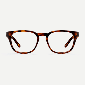 Classic square saffron tortoiseshell glasses with a keyhole nose bridge detail. Made from sustainable bio-acetate.