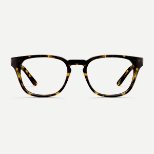 Classic square topaz tortoiseshell glasses with a keyhole nose bridge detail. Made from sustainable bio-acetate.