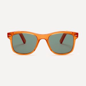 Square wayfarer sunglasses frame in bold burnt orange colour and premium grey-green polarised lenses.