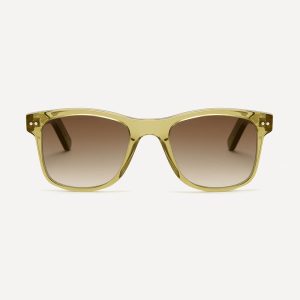 Square wayfarer square sunglasses frame in crystal yellow gold bio-acetate and brown polarised lenses.