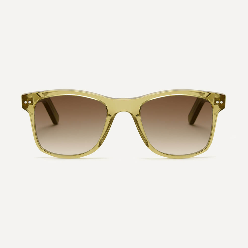 Square wayfarer square sunglasses frame in crystal yellow gold bio-acetate and brown polarised lenses.