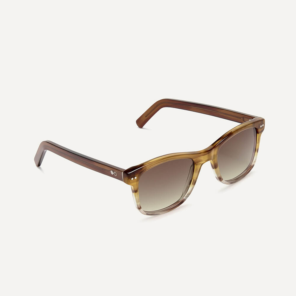 Square wayfarer square sunglasses frame in subtly detailed 'yellow smoke' bio-acetate. A yellow-brown mottled frame.