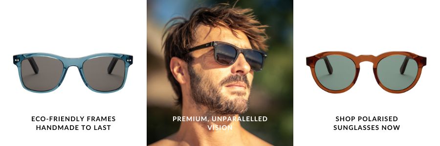 Collection of polarised sunglasses with sporty man wearing wayfarer polarised lenses outdoors