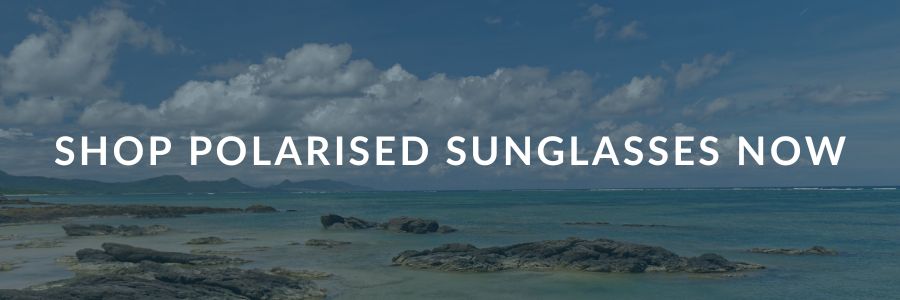 button reading 'shop polarised sunglasses' with an ocean view image as a background