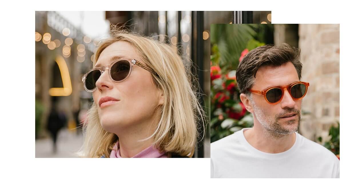 man and women wearing orange and transparent sustainable sunglasses
