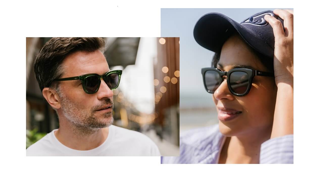 man and woman wearing Pala square sustainable sunglasses in green and black